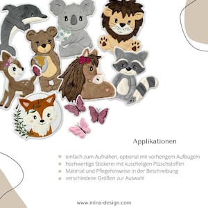 May include: A set of 10 colorful embroidered iron-on patches featuring various animals, including a fox, deer, koala, lion, horse, bear, dolphin, raccoon, and two butterflies. The patches are perfect for adding a touch of whimsy to clothing, bags, or other fabric items.