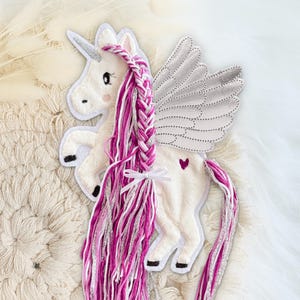 Applikation Pegasus | Wollmähne pink/beere silber | Pony | Einhorn/Pferd mit Flügeln | Bügelbild | Patch | Aufnäher