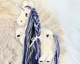 Applikation Einhorn mit Mähne blau | Einhörner mit Wollmähne | Pony | Bügelbild | Patch | Aufnäher