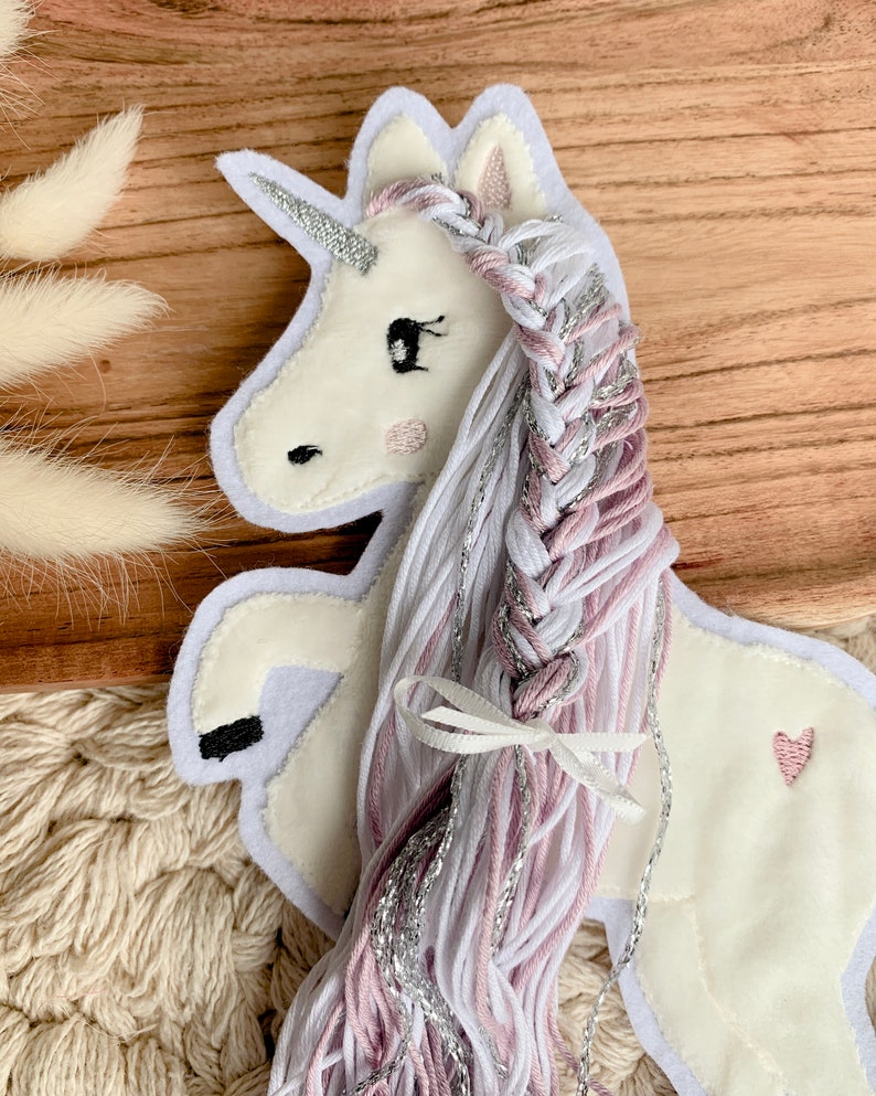 Applikation Einhorn mit Mähne rosa silber weiß Einhörner mit Wollmähne Pony Bügelbild Patch Aufnäher imagem 2