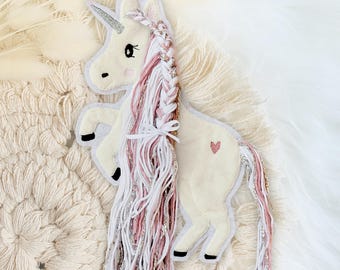 Unicorn applique with mane, pink, silver, white | Unicorns with woolly manes | Pony | Iron-on transfer | Patch | Embroidered patch