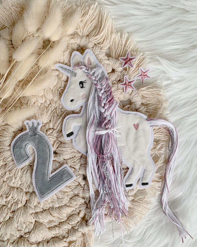 Applikation Einhorn mit Mähne rosa silber weiß Einhörner mit Wollmähne Pony Bügelbild Patch Aufnäher Bild 8