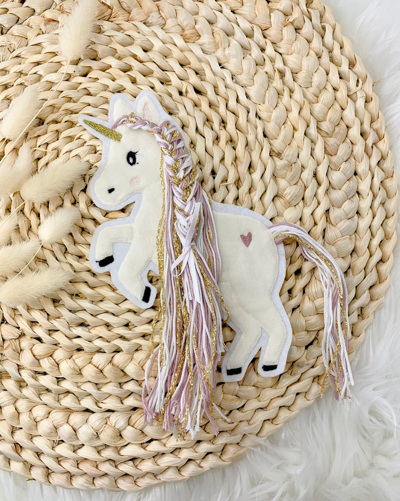 Applikation Einhorn mit Mähne rosa gold weiß Einhörner mit Wollmähne Pony Bügelbild Patch Aufnäher Bild 2