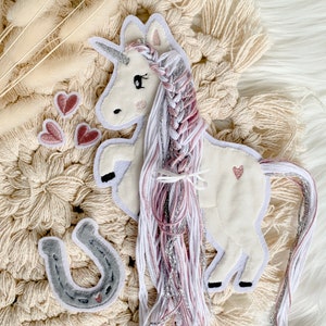Applikation Einhorn mit Mähne rosa silber weiß Einhörner mit Wollmähne Pony Bügelbild Patch Aufnäher Bild 3