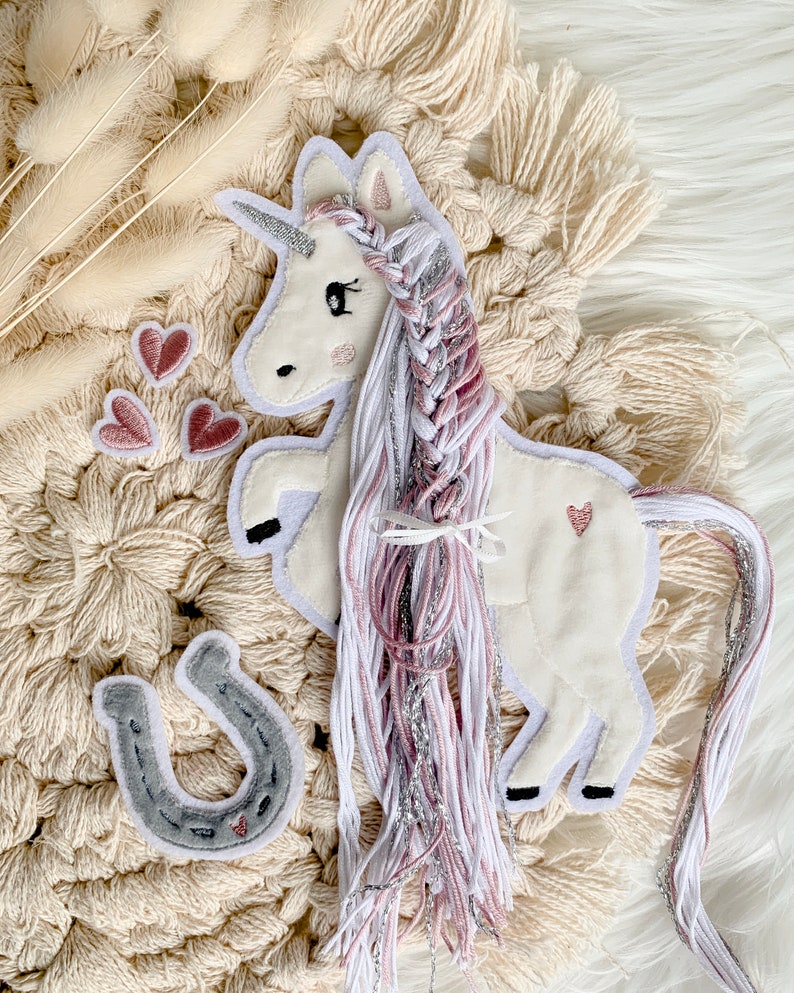 Applikation Einhorn mit Mähne rosa silber weiß Einhörner mit Wollmähne Pony Bügelbild Patch Aufnäher imagem 3