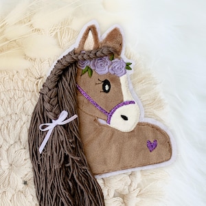 Applikation Pferd mit Mähne lila | braune Wollmähne | Pferdekopf | Pony | Bügelbild | Patch | Aufnäher | Schultüte | zum Aufnähen/Aufbügeln