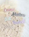 Embroidered name | Font 01 | Iron-on patch | Iron-on name | Applique | Lettering | Patch | School enrollment | School cone | Birth name