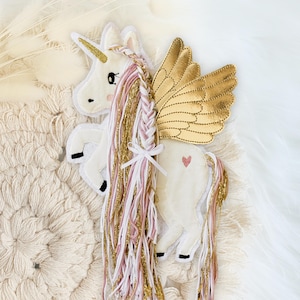 Applikation Pegasus | Wollmähne weiß rosa gold | Pony | Einhorn/Pferd mit Flügeln | Bügelbild | Patch | Aufnäher