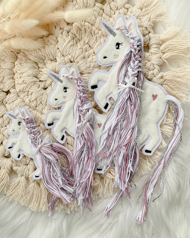 Applikation Einhorn mit Mähne rosa silber weiß Einhörner mit Wollmähne Pony Bügelbild Patch Aufnäher Bild 7