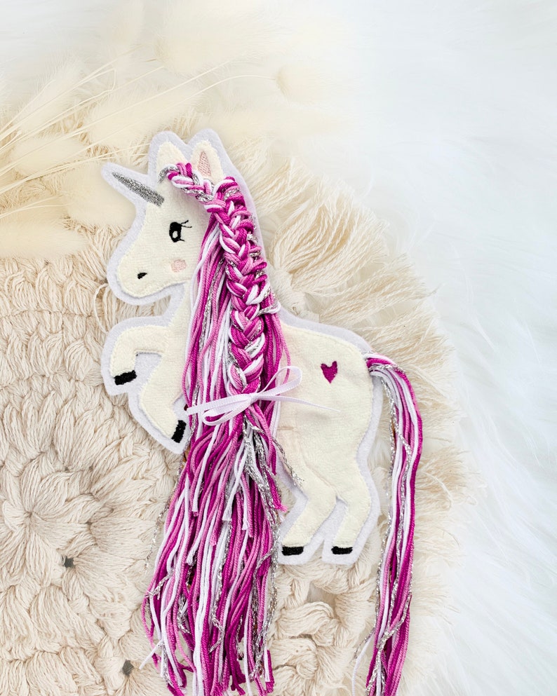Applikation Einhorn mit Mähne pink Einhörner mit Wollmähne Pony Bügelbild Patch Aufnäher Bild 1