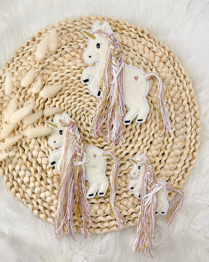 Applikation Einhorn mit Mähne rosa gold weiß Einhörner mit Wollmähne Pony Bügelbild Patch Aufnäher Bild 3