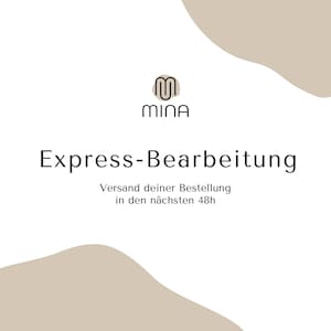 Könnte beinhalten: Weißer Hintergrund mit dem Logo "MINA" und dem Text "Express-Bearbeitung". Darunter der Satz "Versand deiner Bestellung in den nächsten 48h". Das Design umfasst beige abstrakte Formen.
