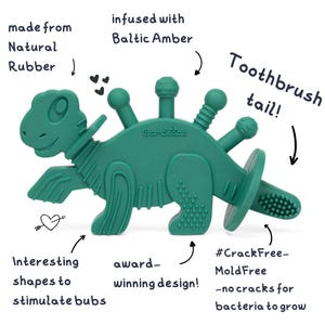 Könnte beinhalten: Ein teal-farbener Beißring in Dinosaurierform aus Naturkautschuk, angereichert mit baltischem Bernstein. Er hat einen Zahnbürstenschwanz und interessante Formen zur Stimulation von Babys. Das Design ist preisgekrönt und schimmelfrei.