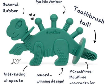 Dibly - Green - Baltic Amber & Natural Rubber Dinosaur Teether with Toothbrush Tail