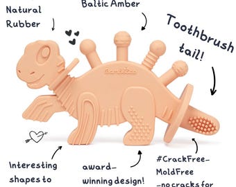 Dibly - Pink - Baltic Amber & Natural Rubber Dinosaur Teether with Toothbrush Tail
