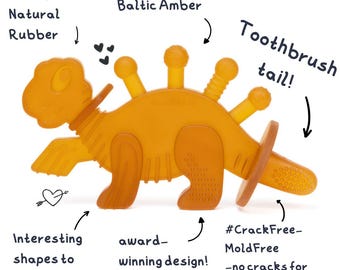 Dibly - Amber - Baltic Amber & Natural Rubber Dinosaur Teether with Toothbrush Tail