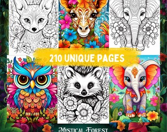 Livre de coloriage facile : animaux de la forêt fleuris, contours audacieux (téléchargement numérique)