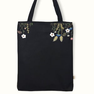 Embroidered wildflower shopping bag with inner pocket and zip, fabric bag with long handles, perfect crossbody or tote bag