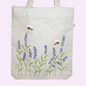 Tote bag with embroidered lavender flower bee, floral lining, inner pocket & zipper, fabric bag, long handles, perfect shoulder shopping bag