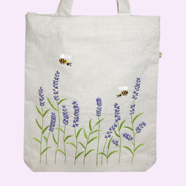 Einkaufstasche mit bestickte Lavendel Biene, Innentasche, Reißverschluss, Stoffbeutel mit lange Henkel, perfekte Umhängetasche oder Tote bag