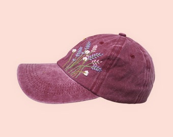 Hand Embroidered Hat, Floral Summer Hats, Floral Hat for Women, Embroidered Wildflower Baseball Caps, Birthday Gift