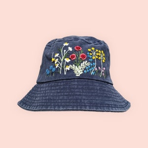 Hand-embroidered hat, floral wildflowers, floral hat for women, embroidered bucket hat, birthday gift, vintage denim fisherman hat