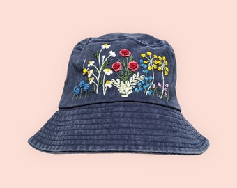 Hand-embroidered hat, floral wildflowers, floral hat for women, embroidered bucket hat, birthday gift, vintage denim fisherman hat