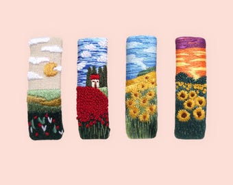 Hand-embroidered panorama hair clips, hair accessories, gift for girls