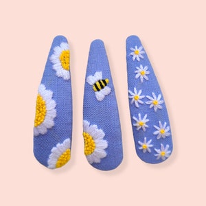 Hand Embroidered Daisy Hair Clips, Hair Accessories, Gift for Girls
