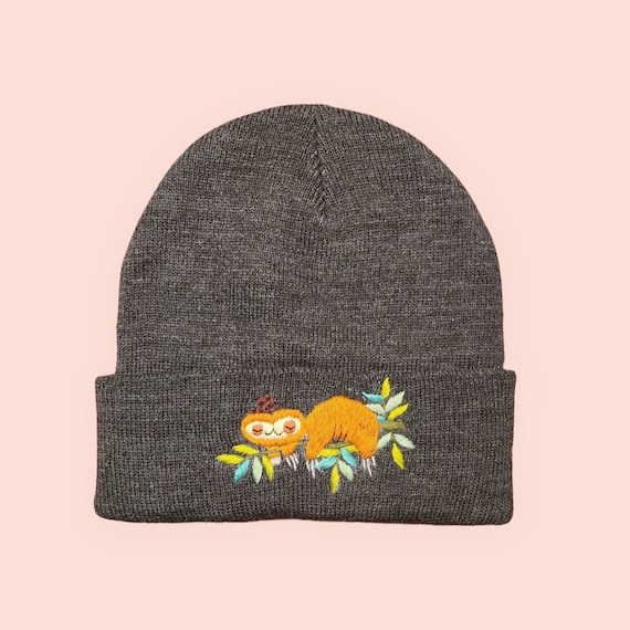 Fox, Sloth Autumn Beanie - Embroidered Yellow Leaves Beanie  display picture 2