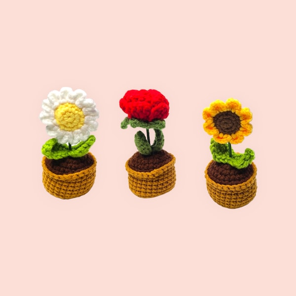 Versandbereit: süße Amigurumi, niedliche gehäkelte Mini-Blumentopf, handgemachte Sonnenblume, Gänseblümchen, Rose, Deko Blumentopf