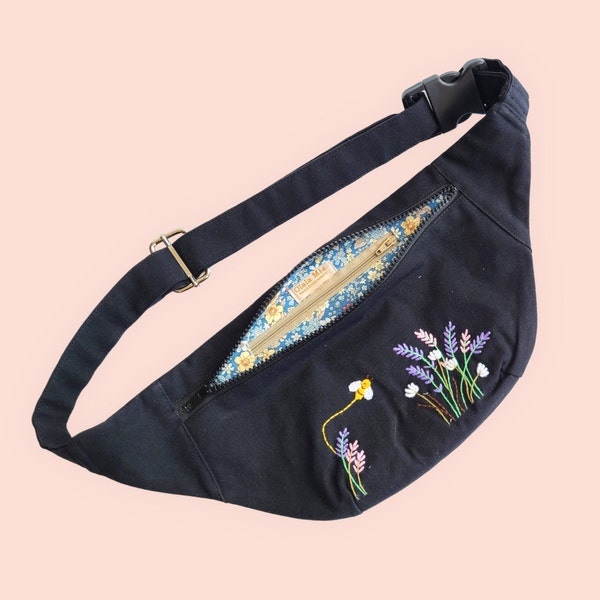 Embroidered Lavender Bum Bag with Inside Pocket & Zipper, Festival, Parties Bum Bag