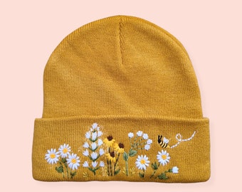 Collection: Floral Beanie - Embroidered Beanie - Boho Beanie - Winter Hat - Botanical Plant Hat - Embroidered Accessory