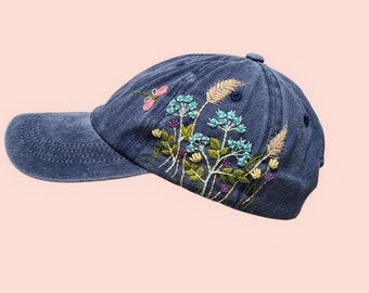 Hand Embroidered Hat, Floral Summer Hats, Floral Hat for Women, Embroidered Wildflower Baseball Caps, Birthday Gift