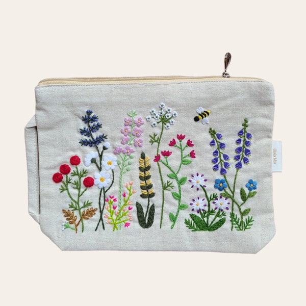 Embroidered flower-rich meadow cosmetic bag with inner pocket & zipper, wildflower meadow