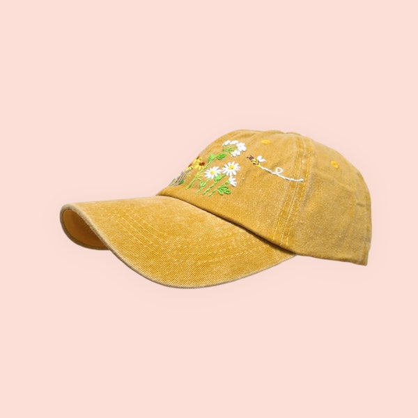 Hand embroidery hat, floral summer hat, flower hat for women, embroidered baseball cap, vintage hat