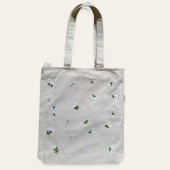 Tote Bag With Embroidered Daisy Flower, Floral Lining, Inner