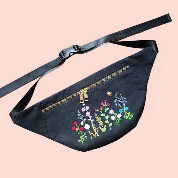 Bestickte Wildblumen Bauchtasche mit Innentasche & Reißverschluss, Festival, Parties Bauchtasche