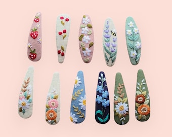 Hand Embroidered Flower Hair Clips, Handmade Hair Accessories, Gift for Girls, Women, Floral Snap Clips