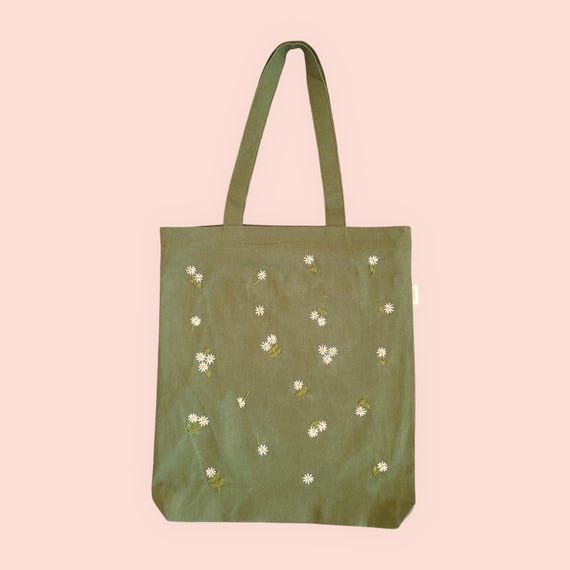 Tote Bag With Embroidered Daisy Flower, Floral Lining, Inner