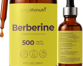 May include: A brown glass bottle of Berberine liquid supplement with a yellow label. The label includes the text "Berberine" and "500 Mg Per Serving". The bottle is 4 fl oz / 118ml. A dropper is included.