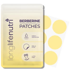 May include: A rectangular pouch labeled Longlifenutri Berberine Patches in dark purple text on a light yellow background. The pouch features icons for direct absorption, peel and stick, and latex free. A sheet of six round yellow patches is visible.