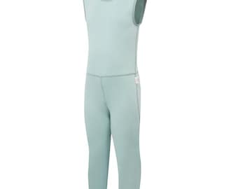 May include: A one-piece, sleeveless garment in a light teal color. The garment has a round neckline and covers the torso and legs, with stirrups at the feet. The seams are a slightly darker teal. The garment appears to be made of a soft, stretchy material.