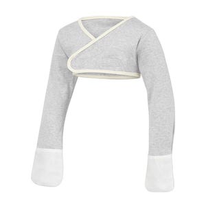 May include: A gray cropped cardigan with long sleeves and white trim. The cardigan has a wrap-style front.