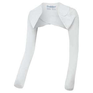 Peut inclure: Un chandail blanc à manches longues avec un large col plié. Le chandail est fait d'un tissu doux et extensible et a une coupe décontractée. L'étiquette sur le chandail indique "Sun Sleeves".