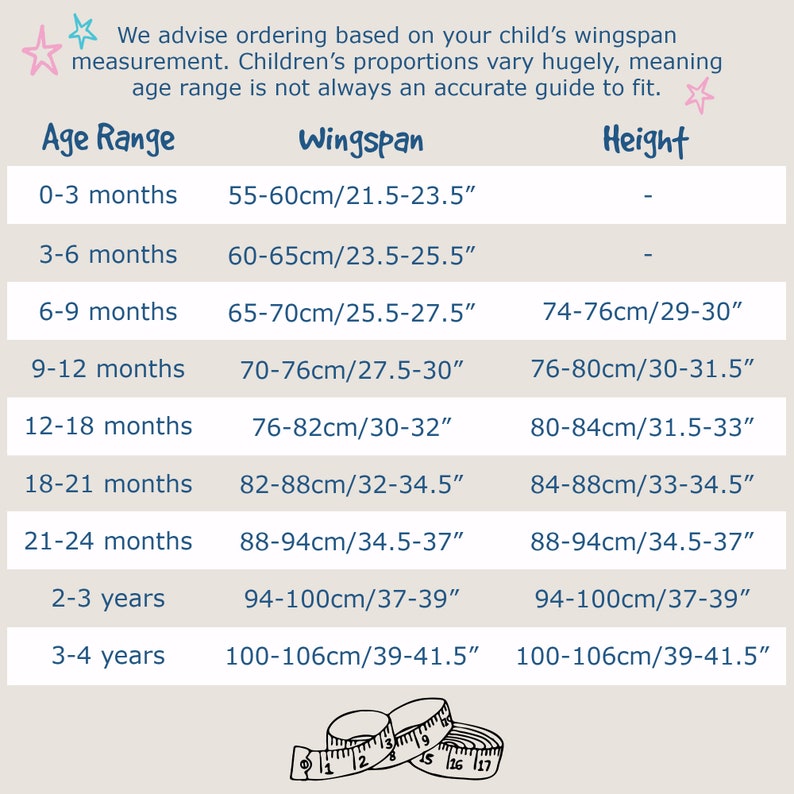 Puede incluir: Una tabla de tallas para ni&ntilde;os, que detalla los rangos de edad, la envergadura en cm/pulgadas y la altura en cm/pulgadas. La tabla cubre edades de 0-3 meses a 3-4 a&ntilde;os. Un gr&aacute;fico de cinta m&eacute;trica en la parte inferior.