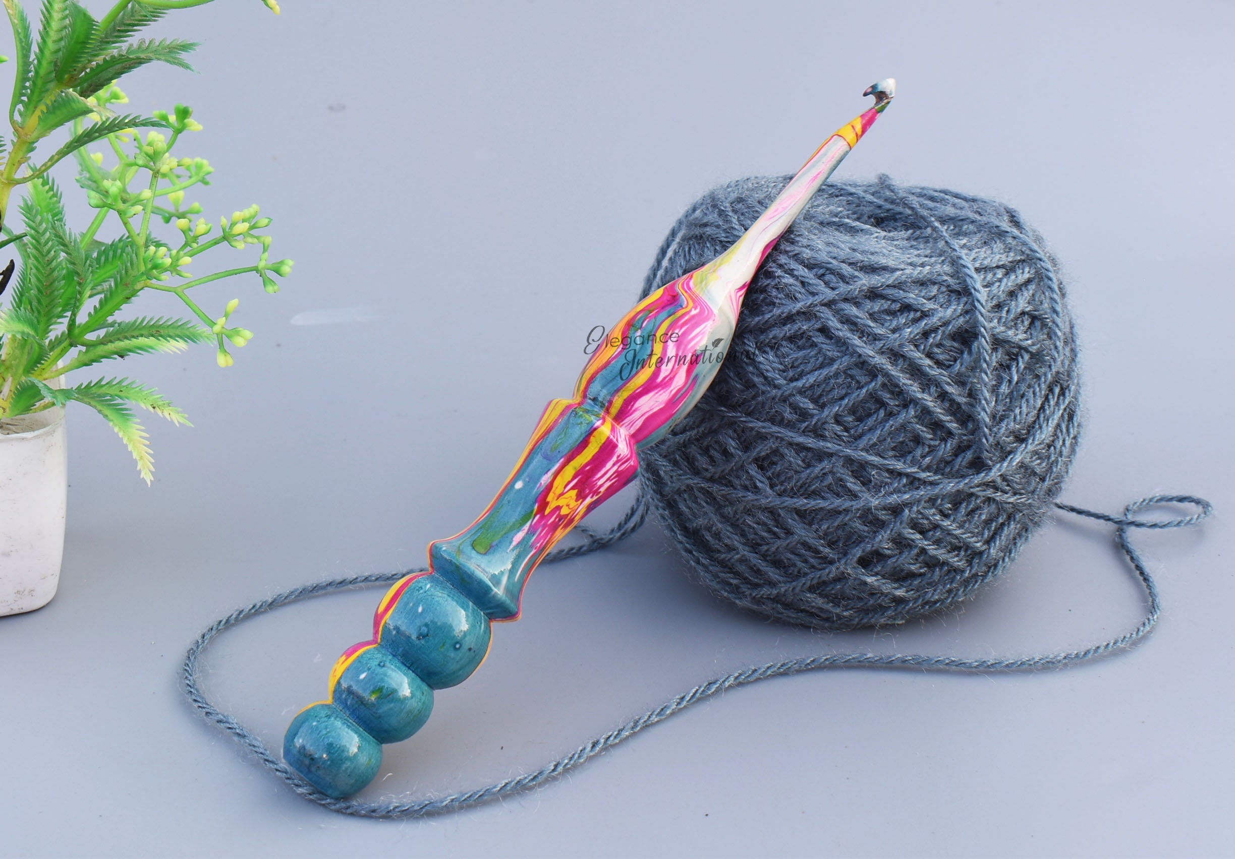 Epoxy and Oak Wood Crochet Hooks Blue and Firozi Color Mix Crochet Hook and  Flower Design Knitting Ergonomic Crochet Hook 3mm to 12mm 
