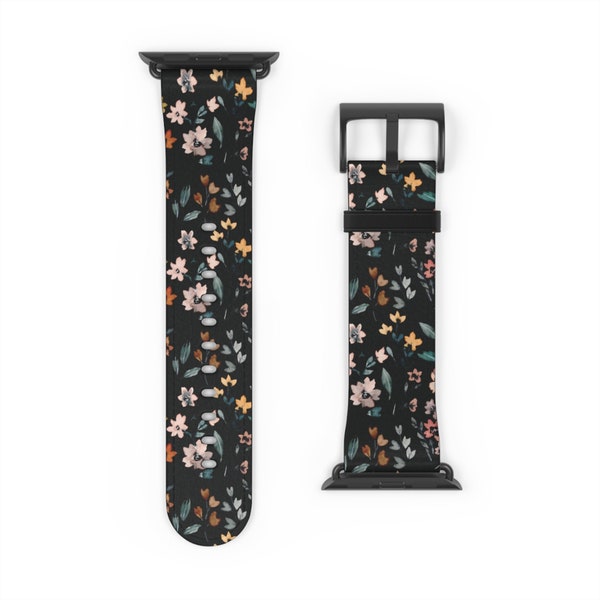 Watercolor Floral Cute Apple Watch Band Black Vintage Flower Band Vegan Leather Watch Strap 41mm 40mm 44mm 45mm Trendy Feminine Floral Band