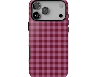 CHECK PLEASE Phone Case | Burgundy Pink Gingham Check Pattern | Cute Preppy iPhone 18 17 Pro Max 16 15 14 Plus | MagSafe