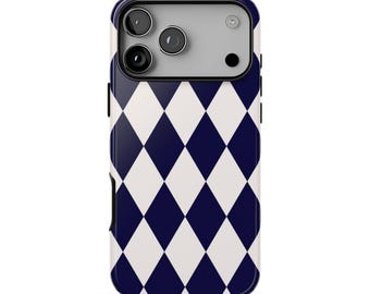 PREP SCHOOL Phone Case | Navy Blue & Ivory Harlequin Diamond Pattern | Retro 90s Preppy iPhone 18 Pro Max 17 16 15 14 13 | MagSafe